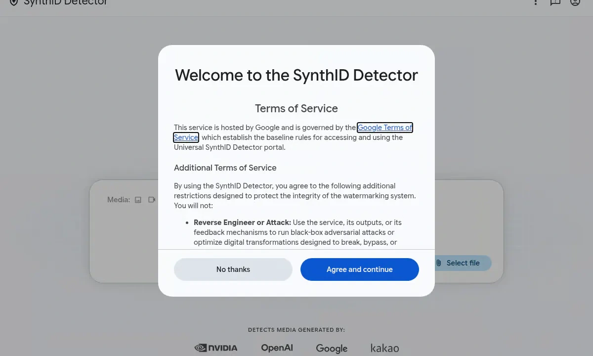 پنجره قوانین و شرایط استفاده از SynthID Detector با دکمههای رد کردن و پذیرش برای ادامه