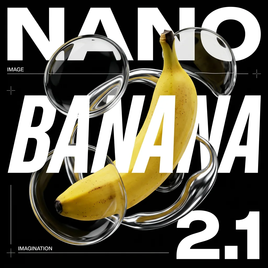 طراحی گرافیکی Nano Banana 2.1 با تصویر موز و عناصر سهبعدی
