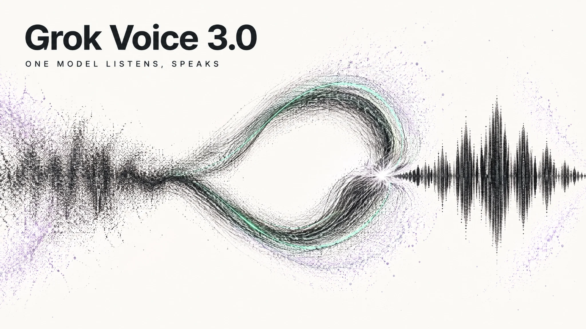 تصویر هنری موج صوتی سیاه و سبز با عنوان Grok Voice 3.0 روی پسزمینه سفید