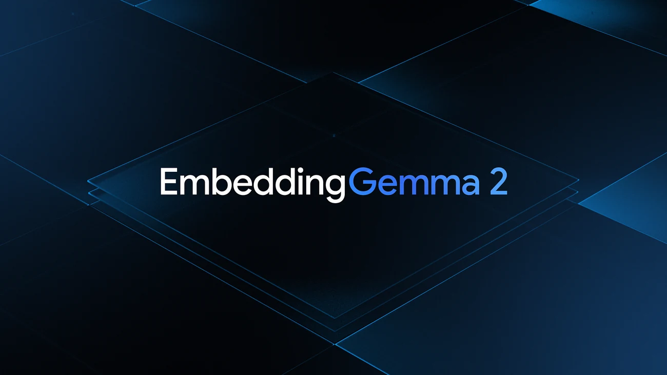 پوستر مدل EmbeddingGemma 2 با عنوان آن روی پس‌زمینه آبی تیره