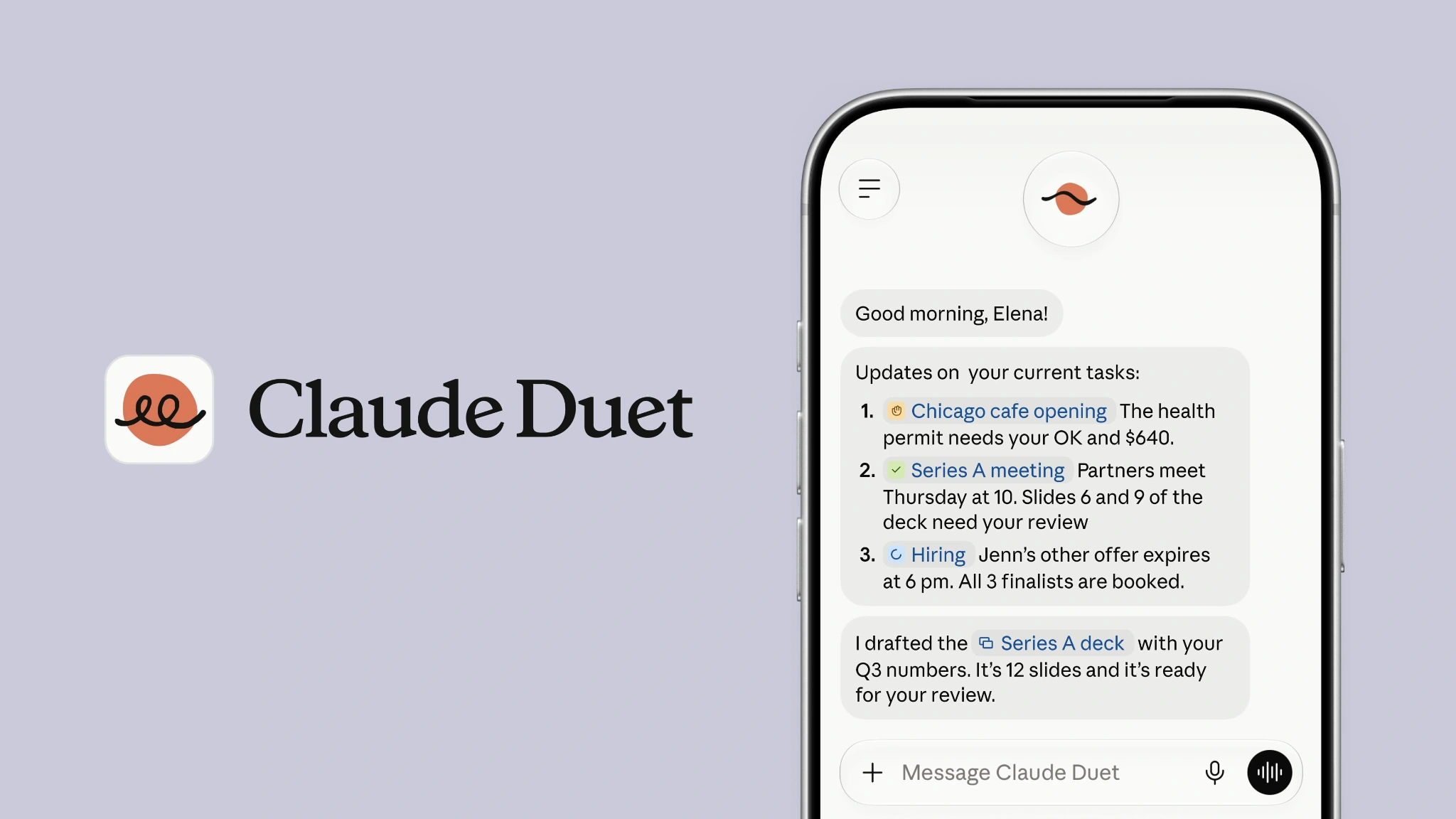 لوگوی Claude Duet در کنار گوشی و خلاصه کارهای روزانه در اپلیکیشن