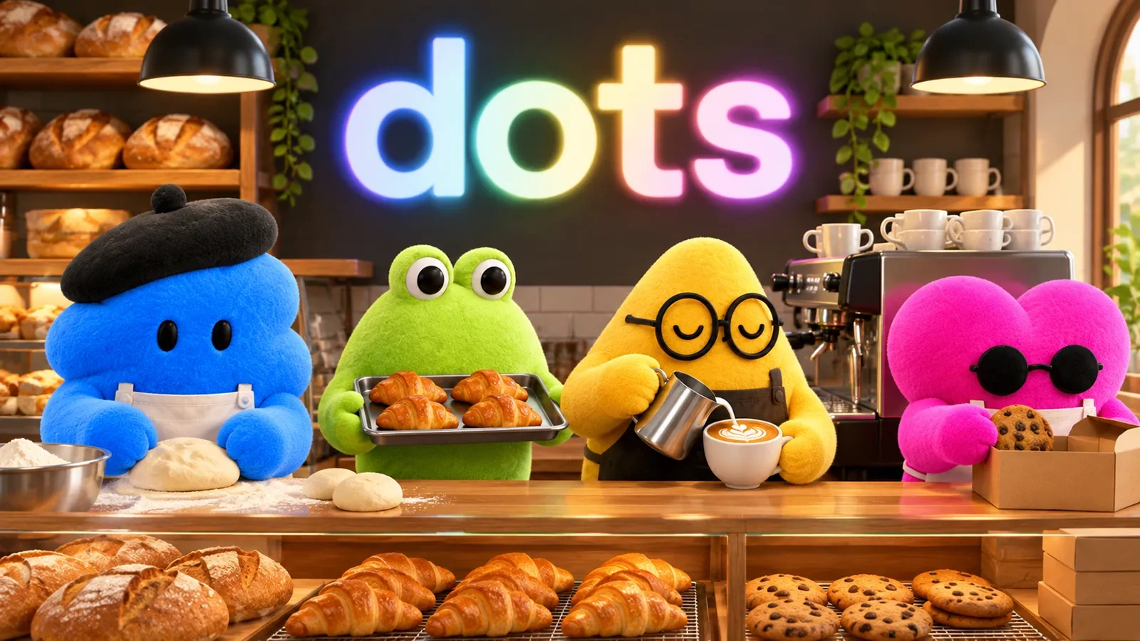 شخصیت‌های رنگی OpenAI Dots در حال انجام کارهای مختلف در یک نانوایی