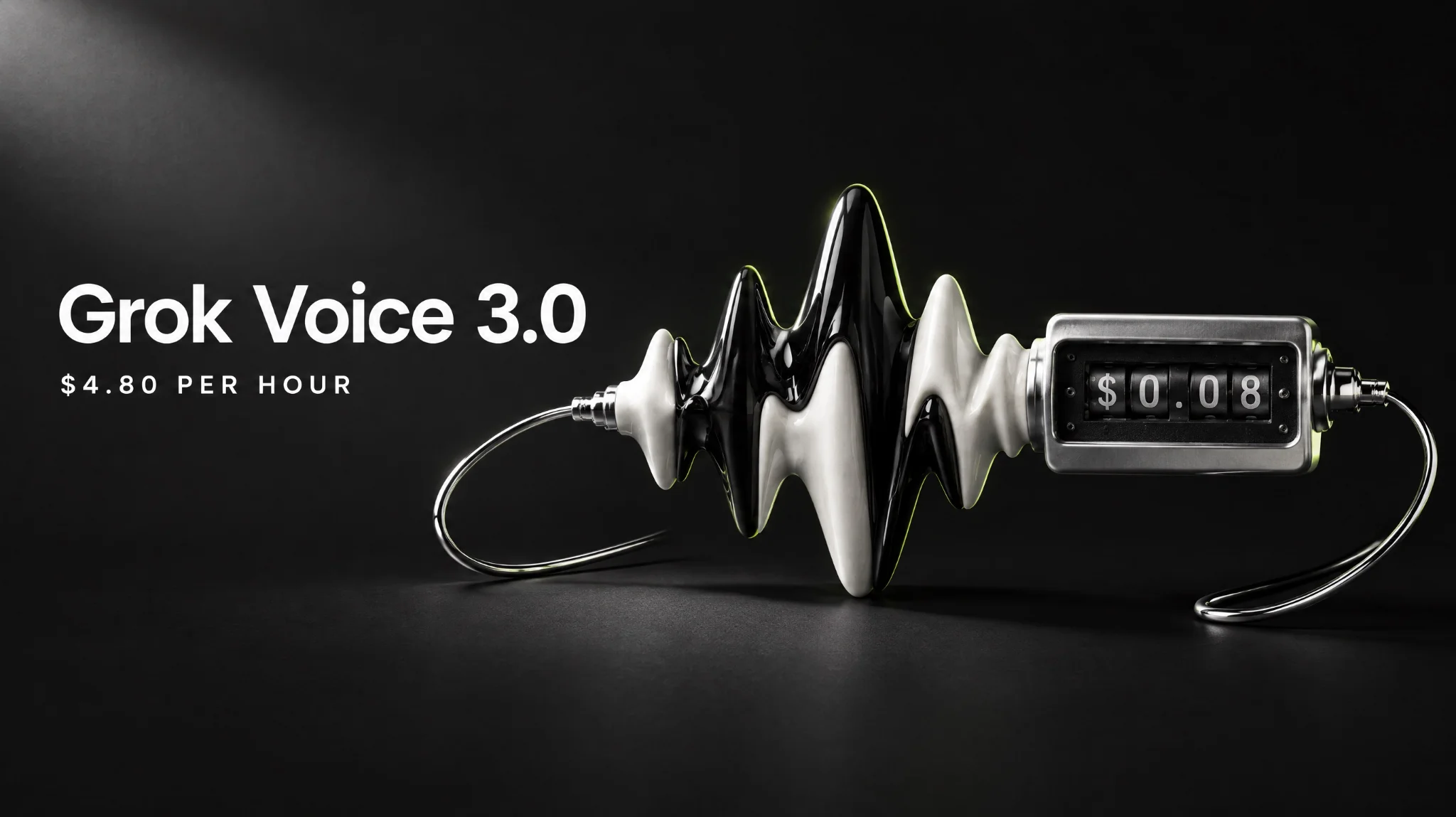 طرح معرفی Grok Voice 3.0 با موج صوتی و نمایش تعرفه ۰٫۰۸ دلار در دقیقه