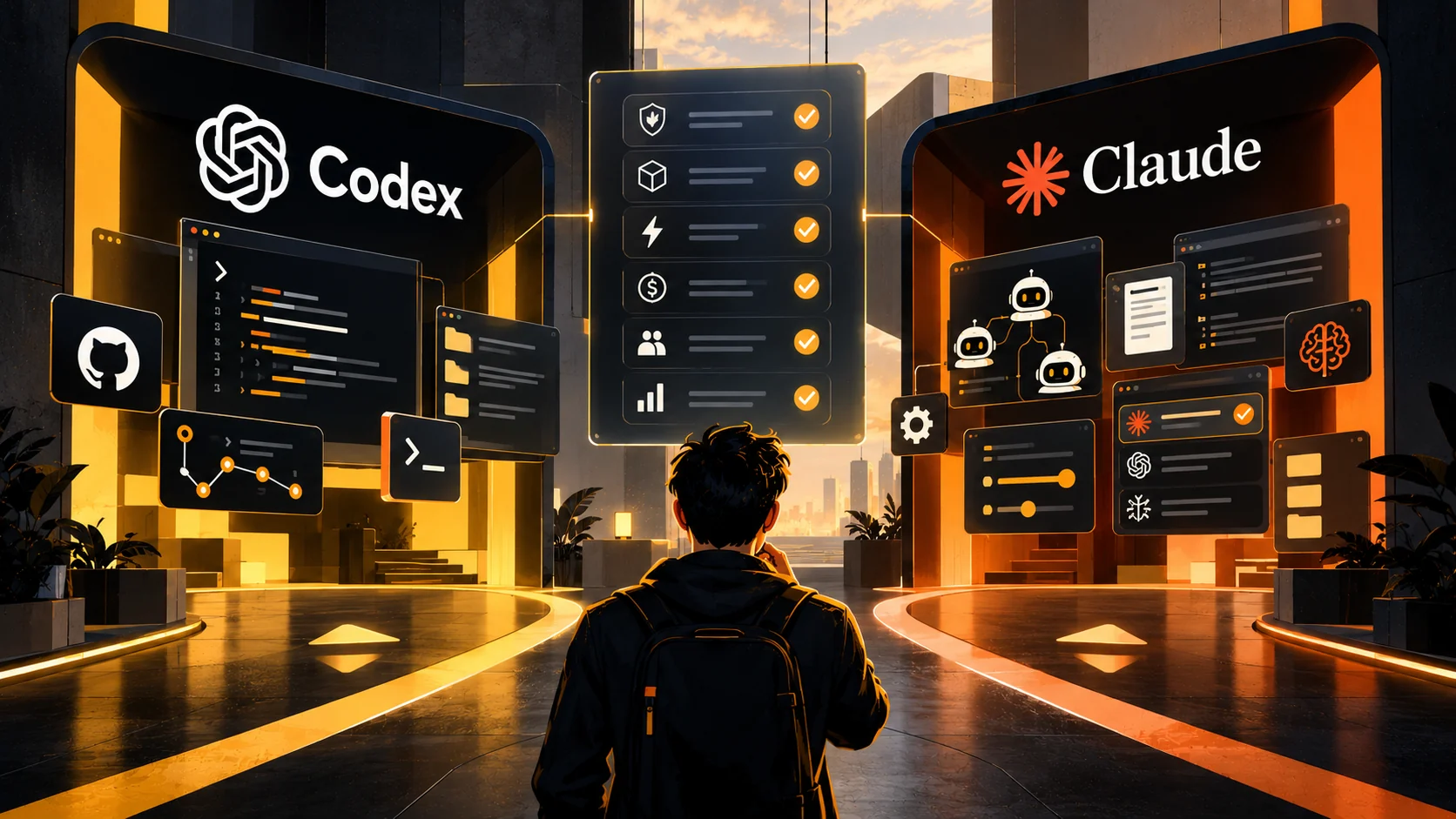تصویرسازی مقایسه Codex و Claude Code با معیارهای ارزیابی و توسعهدهندهای در برابر دو مسیر انتخاب ابزار