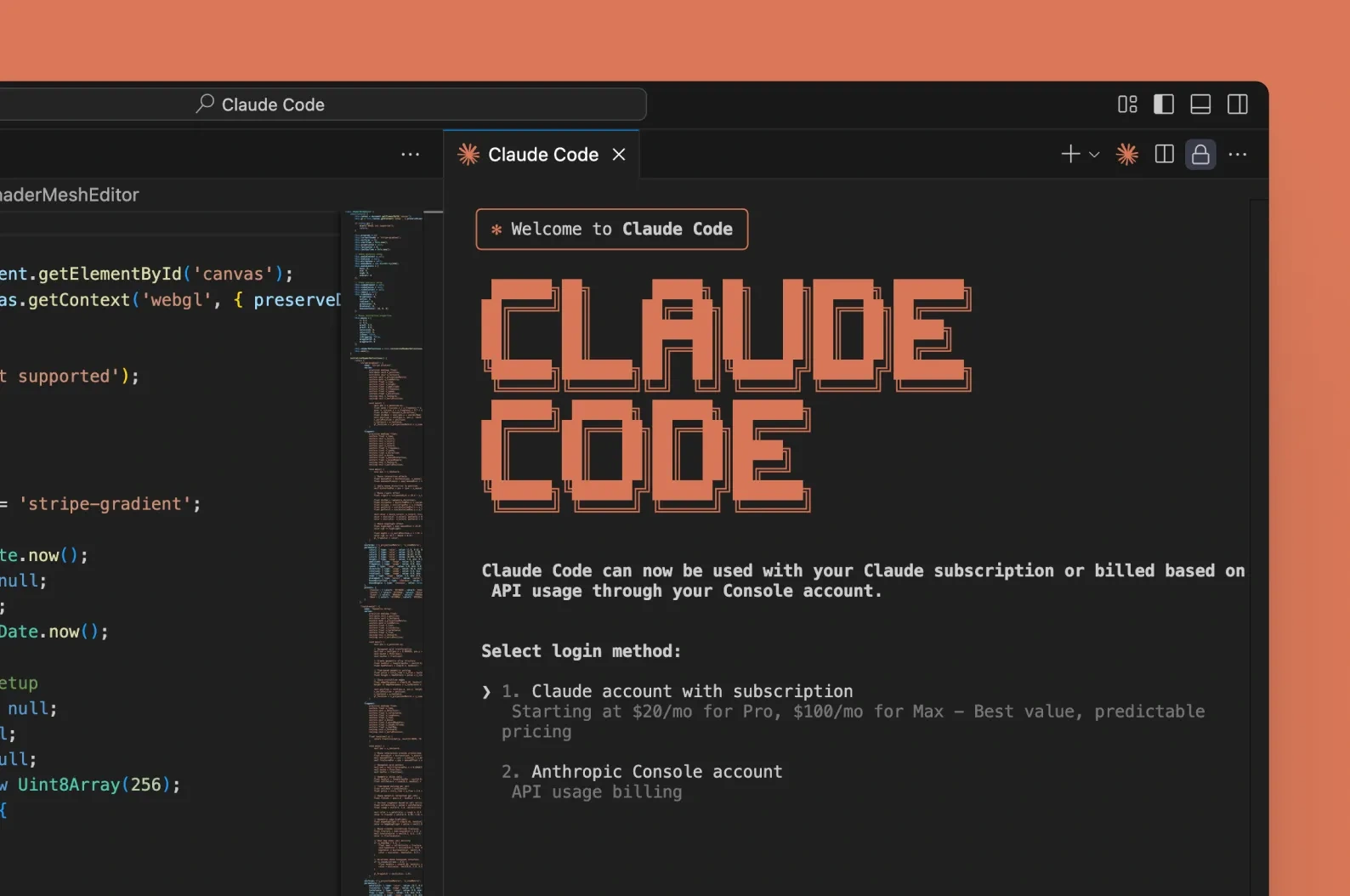 صفحه آغازین Claude Code در ویرایشگر کد همراه با روشهای ورود به حساب