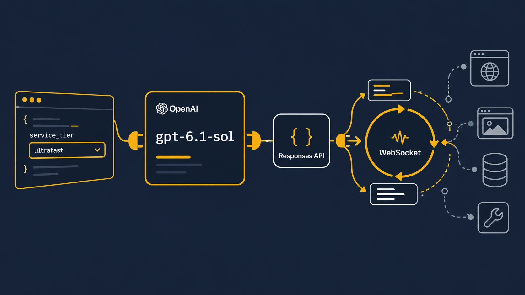 نمایش فرایند تنظیم service_tier روی ultrafast برای مدل GPT-6.1 Sol و ارتباط با Responses API و WebSocket.