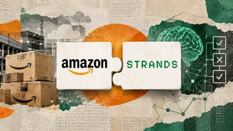 کلاژ مفهومی Amazon و Strands با قطعات پازل، جعبه‌های آمازون، تصویر مغز و نمادهای تصمیم‌گیری هوش مصنوعی