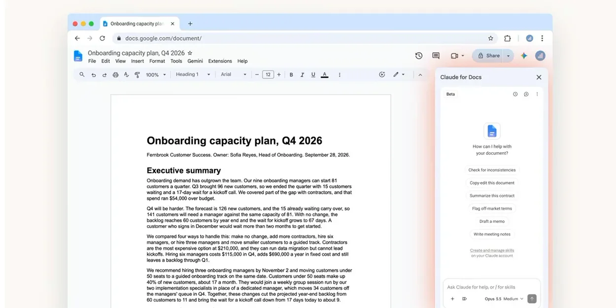 نوار کناری Claude در Google Docs برای ویرایش سند