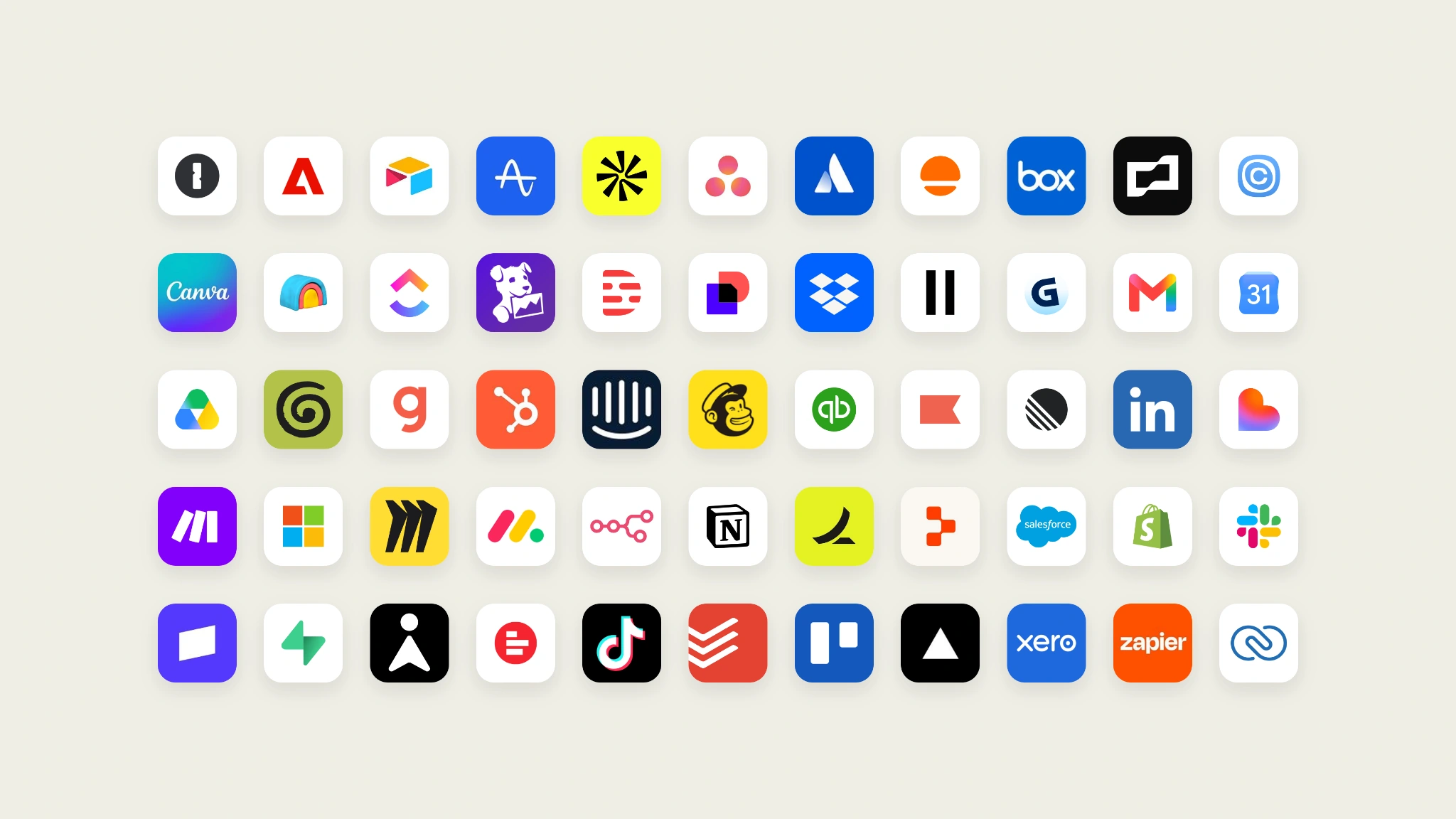 مجموعه لوگوهای ابزارهای قابل اتصال به Claude Duet، از جمله Gmail، Slack، Notion و Shopify