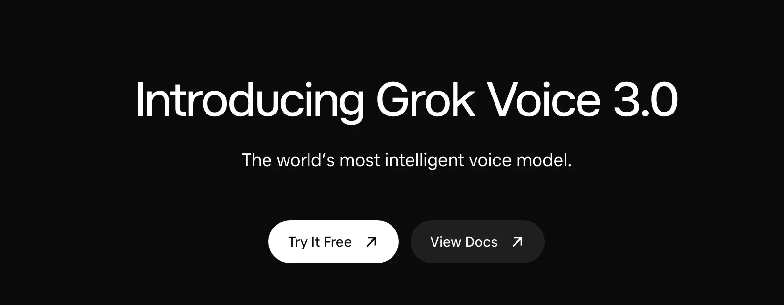 عنوان معرفی Grok Voice 3.0 روی زمینه مشکی با دکمههای آزمایش و مشاهده مستندات
