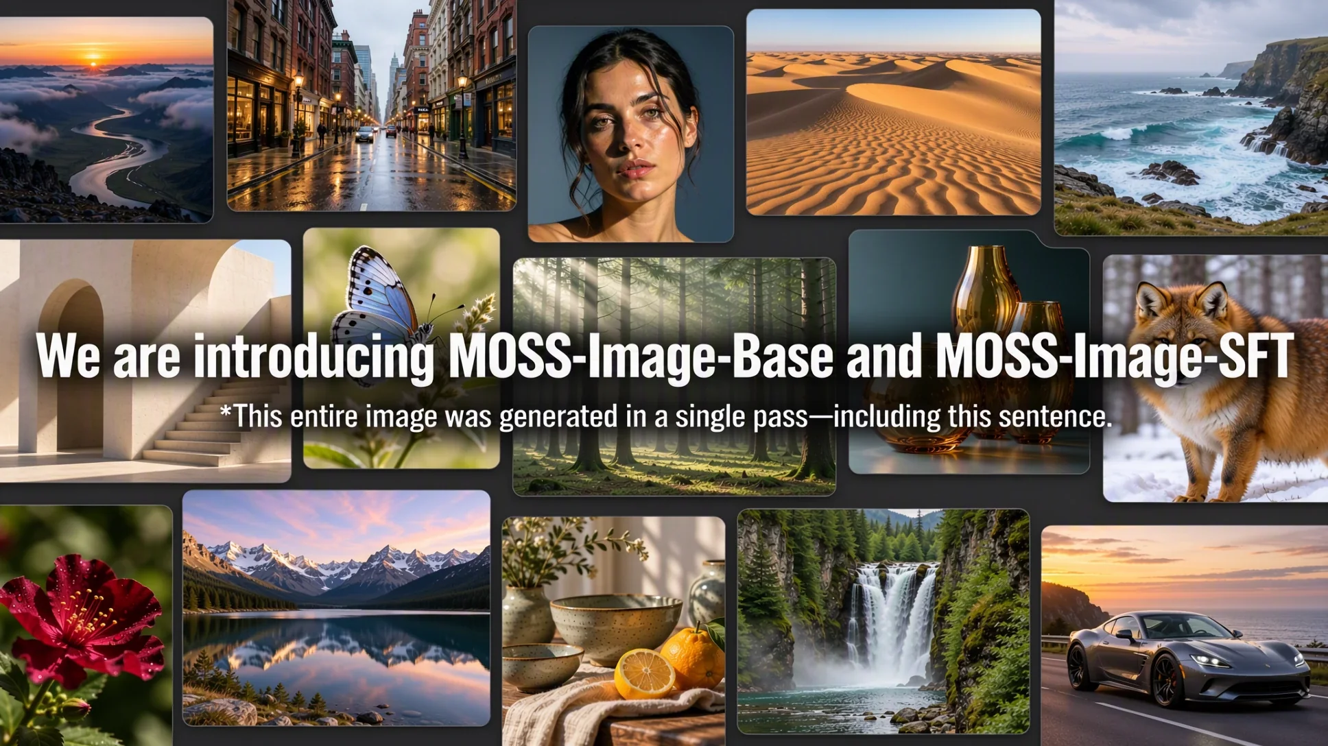 کلاژ نمونه تصاویر همراه با عنوان معرفی مدلهای MOSS-Image-Base و MOSS-Image-SFT