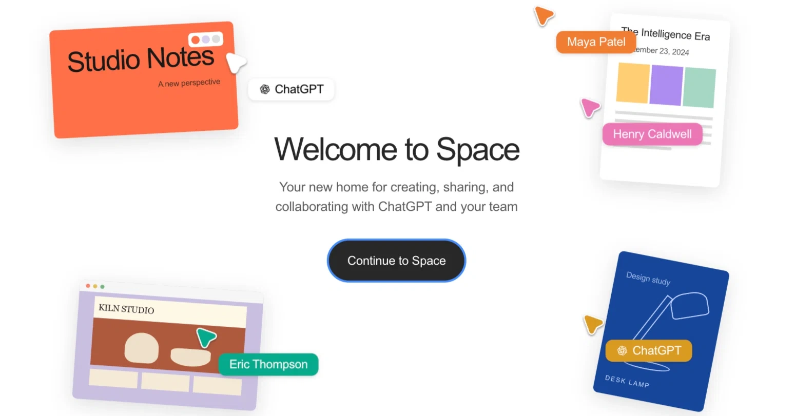 صفحه خوشآمدگویی ChatGPT Space با دکمه Continue to Space و کارتهای پروژه و نام اعضای تیم