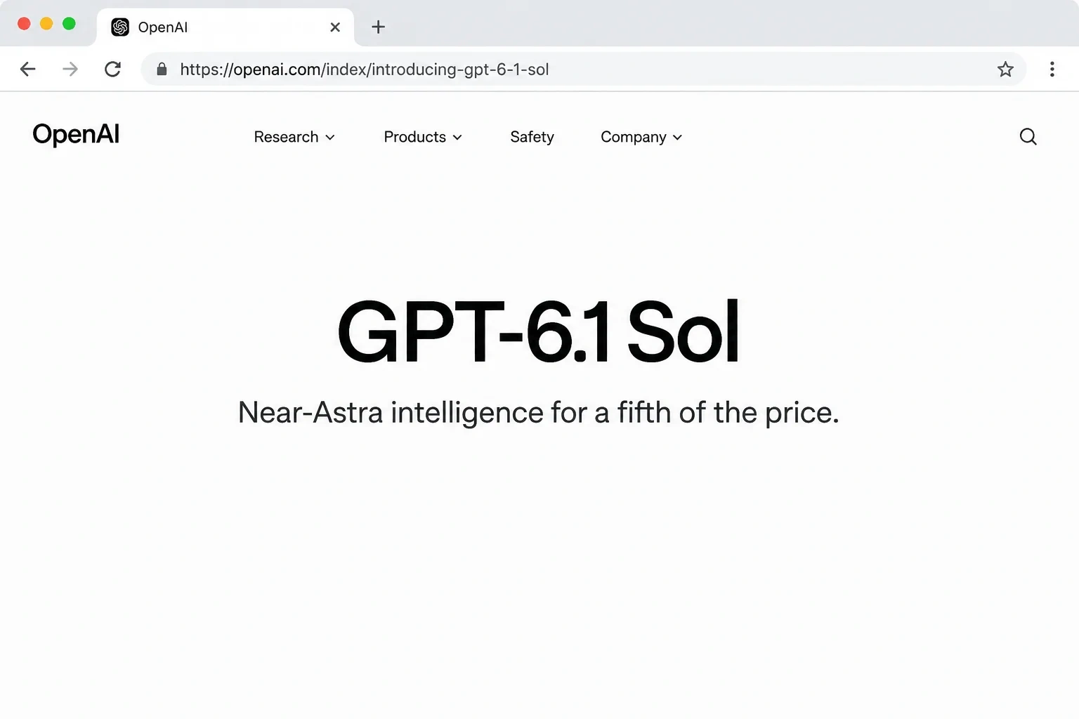صفحه معرفی GPT-6.1 Sol در وب‌سایت OpenAI با شعار عملکرد نزدیک به Astra با یک‌پنجم قیمت