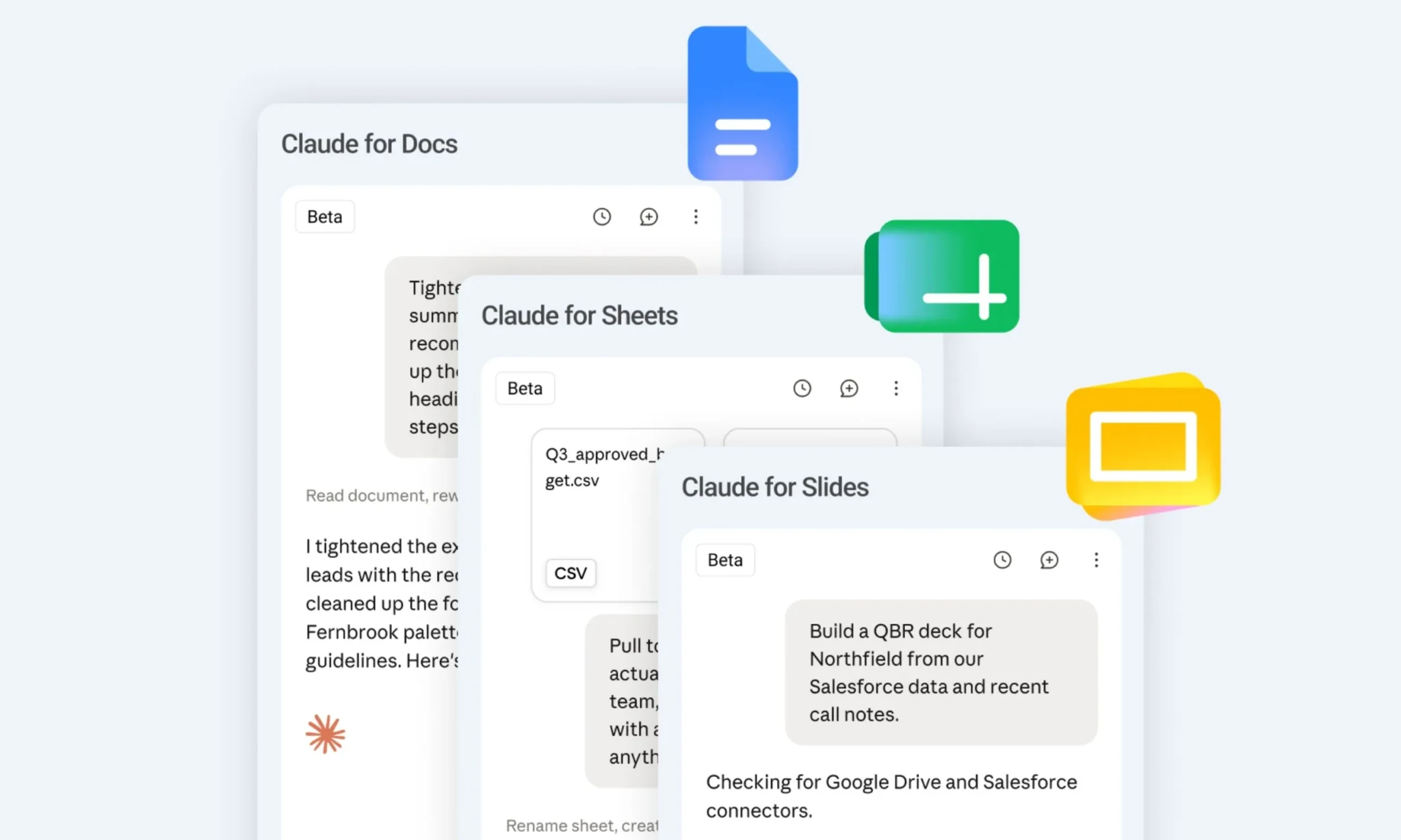 نمای استفاده از Claude در Google Docs و Sheets و Slides