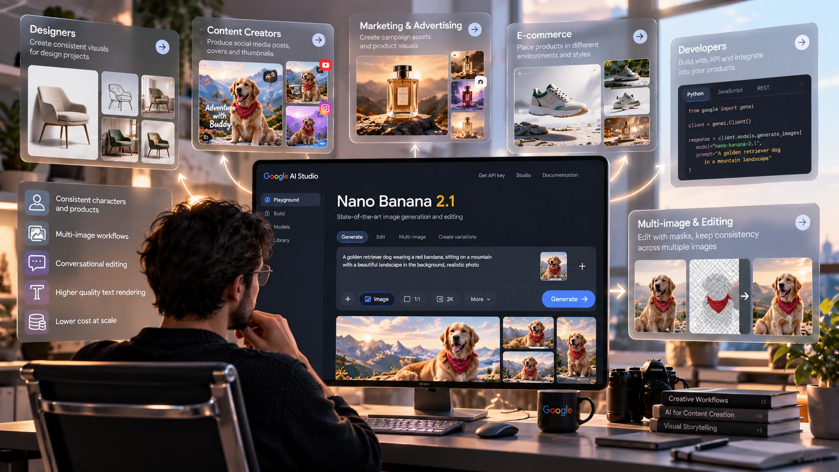 تصویر مفهومی Nano Banana 2.1 برای استفاده حرفهای در طراحی، تولید محتوا، بازاریابی، فروشگاههای اینترنتی و توسعه نرمافزار؛ با نمایش قابلیتهای چندتصویری، حفظ ثبات سوژه، ویرایش مرحلهای و تولید تصاویر متنوع در یک گردشکار واحد.