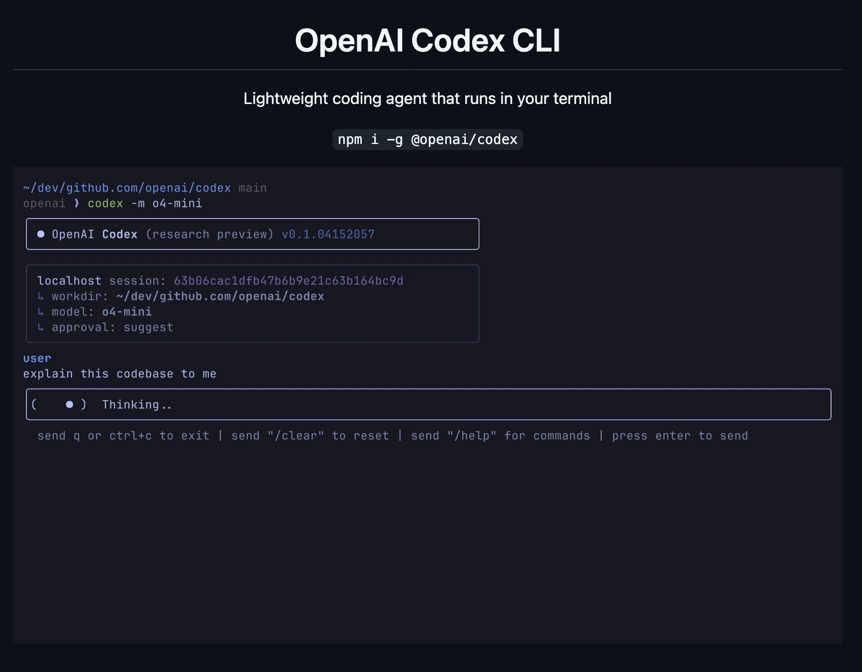 نمای اولیه رابط خط فرمان OpenAI Codex CLI با دستور نمونه و وضعیت پردازش درخواست
