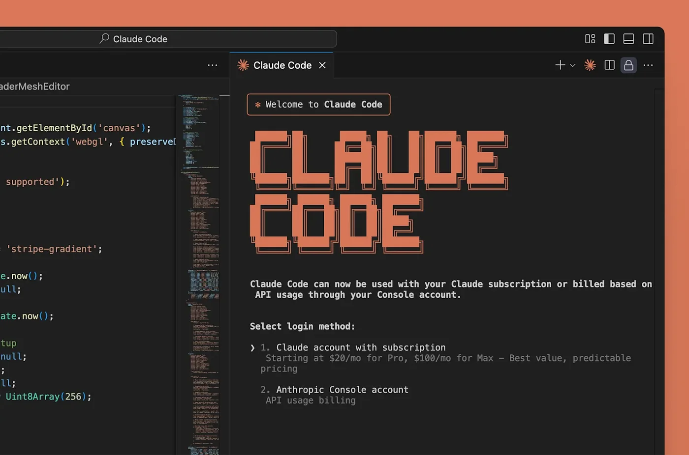 محیط Claude Code در ویرایشگر کد با گزینههای ورود از طریق اشتراک Claude و حساب Anthropic Console