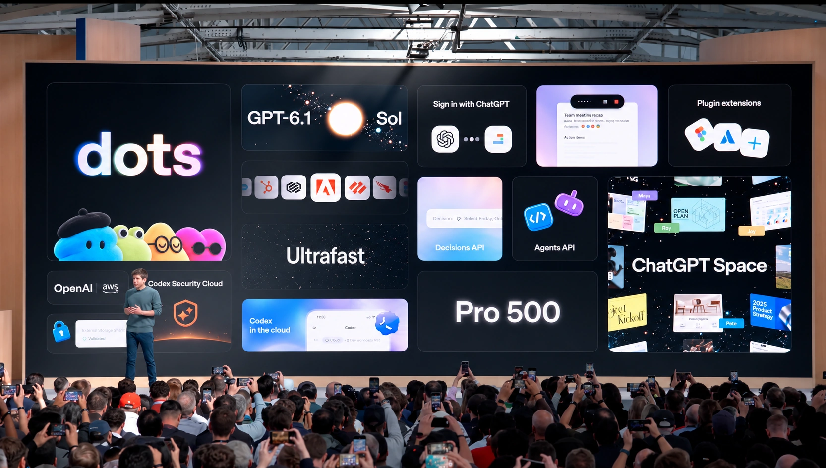 اسلاید رویداد OpenAI با مجموعهای از قابلیتها شامل Dots، GPT-6.1 Sol، ChatGPT Space، Agents API، Decisions API، Pro 500 و Codex