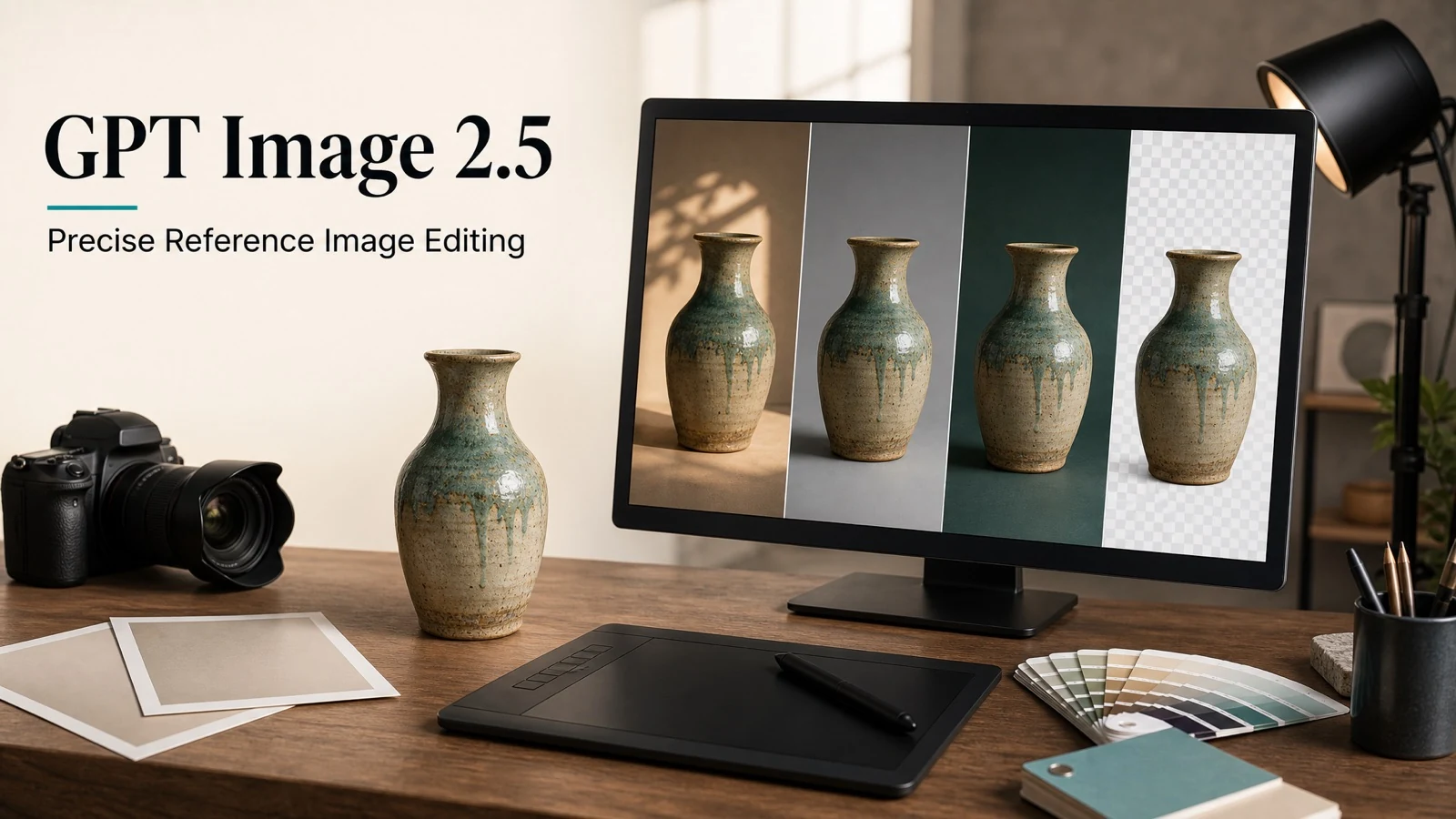 نمونه ویرایش تصویر مرجع در GPT Image 2.5 با نمایش یک گلدان در چند پسزمینه روی مانیتور
