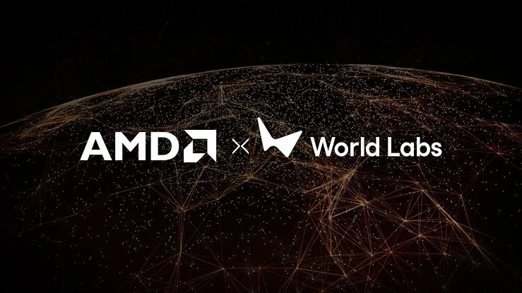 لوگوی AMD و World Labs روی پسزمینه تیره با شبکهای نورانی شبیه کره زمین